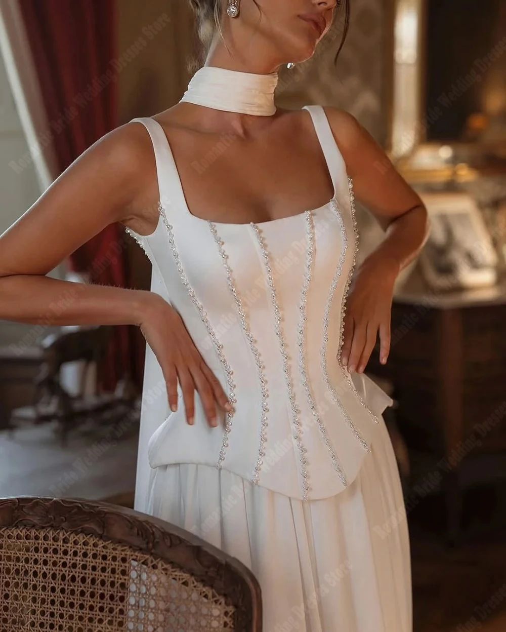 Gaun Pengantin Wanita Model A-Line Kerah Kotak 2026, Gaun Pengantin Satin Elegan Tanpa Lengan yang Dapat Disesuaikan, Panjang Menyentuh Lantai, Vestido De Novia