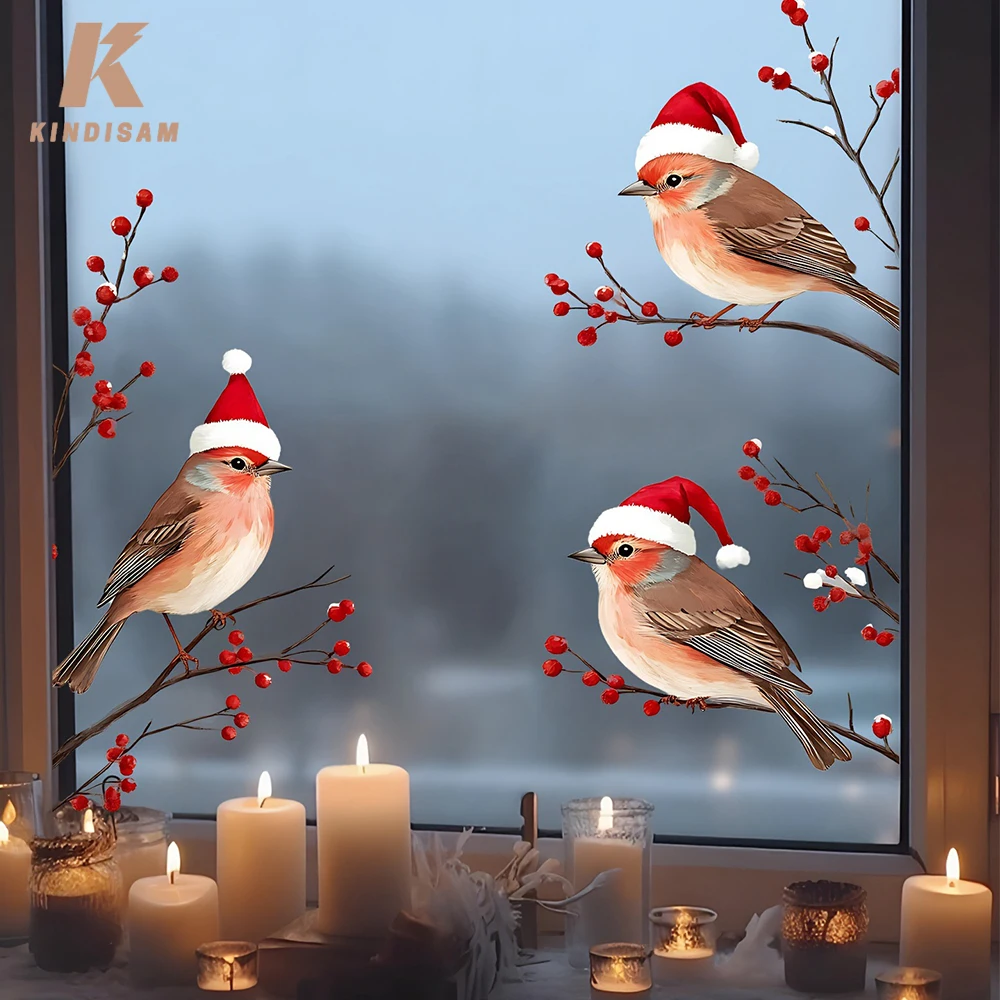 ثلاثة طيور في قبعات سانتا نافذة يتمسك عيد الميلاد موضوع ملصقات الحائط مهرجان التوت الأحمر ديكور عطلة صالح