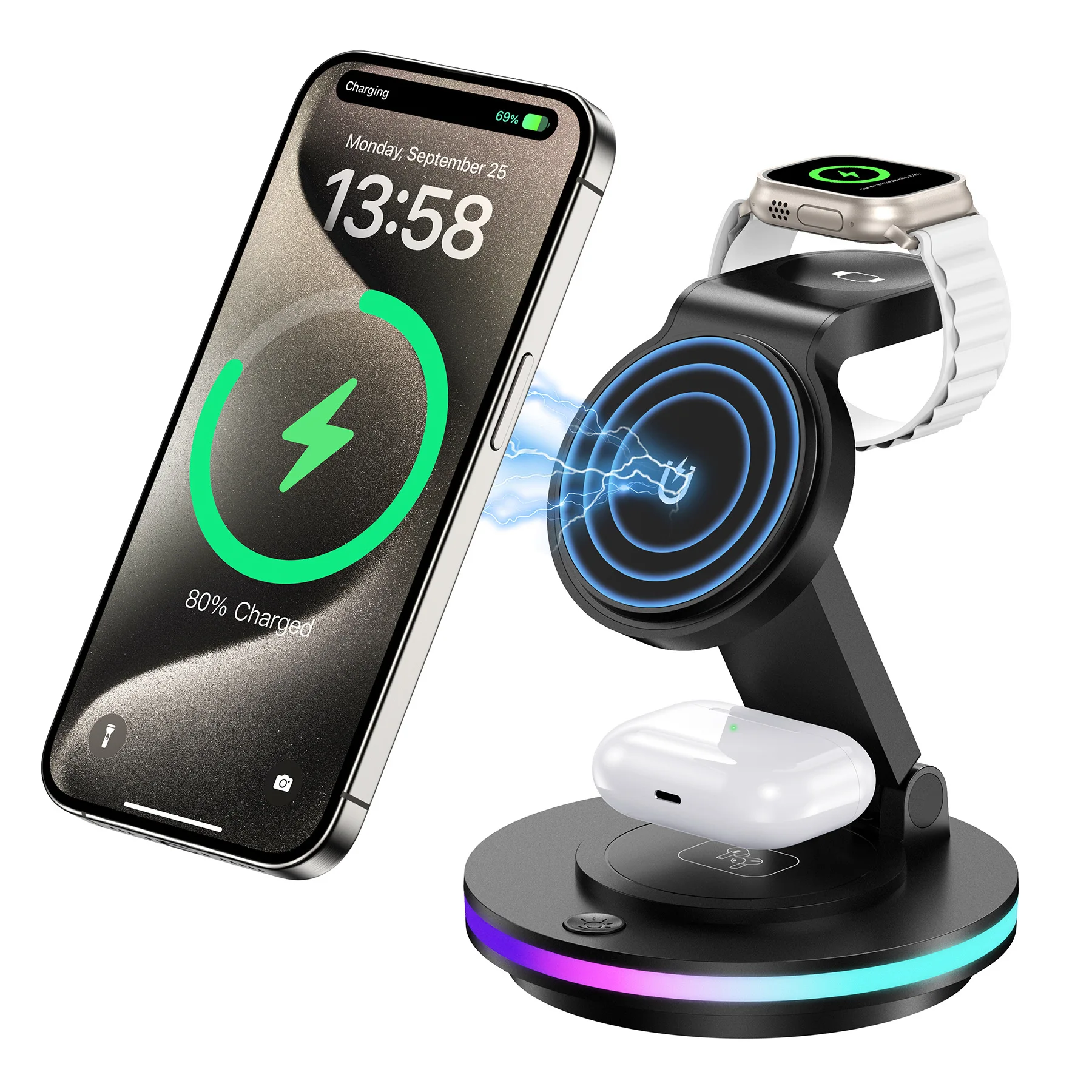 

Складная многофункциональная подставка для беспроводного зарядного устройства 3-в-1, магнитный держатель док-станции для телефонов и часов