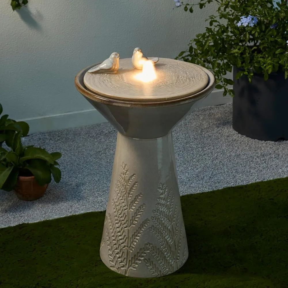 

27.5" H Outdoor Garden Water Fountain with LED Lights and Pump, Sand Beige Two Birds Embossed Plant Pattern Pedestal Ceramic