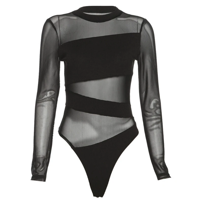 

Women Irregular Sheer Mesh Patchwork Leotard Long Sleeve Fit Black Bodysuit