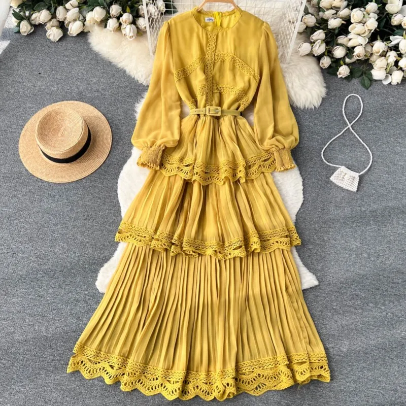 Autumn Vintage Fashion Pleated Women Long Dress Elegant Chic Solid A-Line Party Prom Vestidos Female Birthday Clothes Mujers New