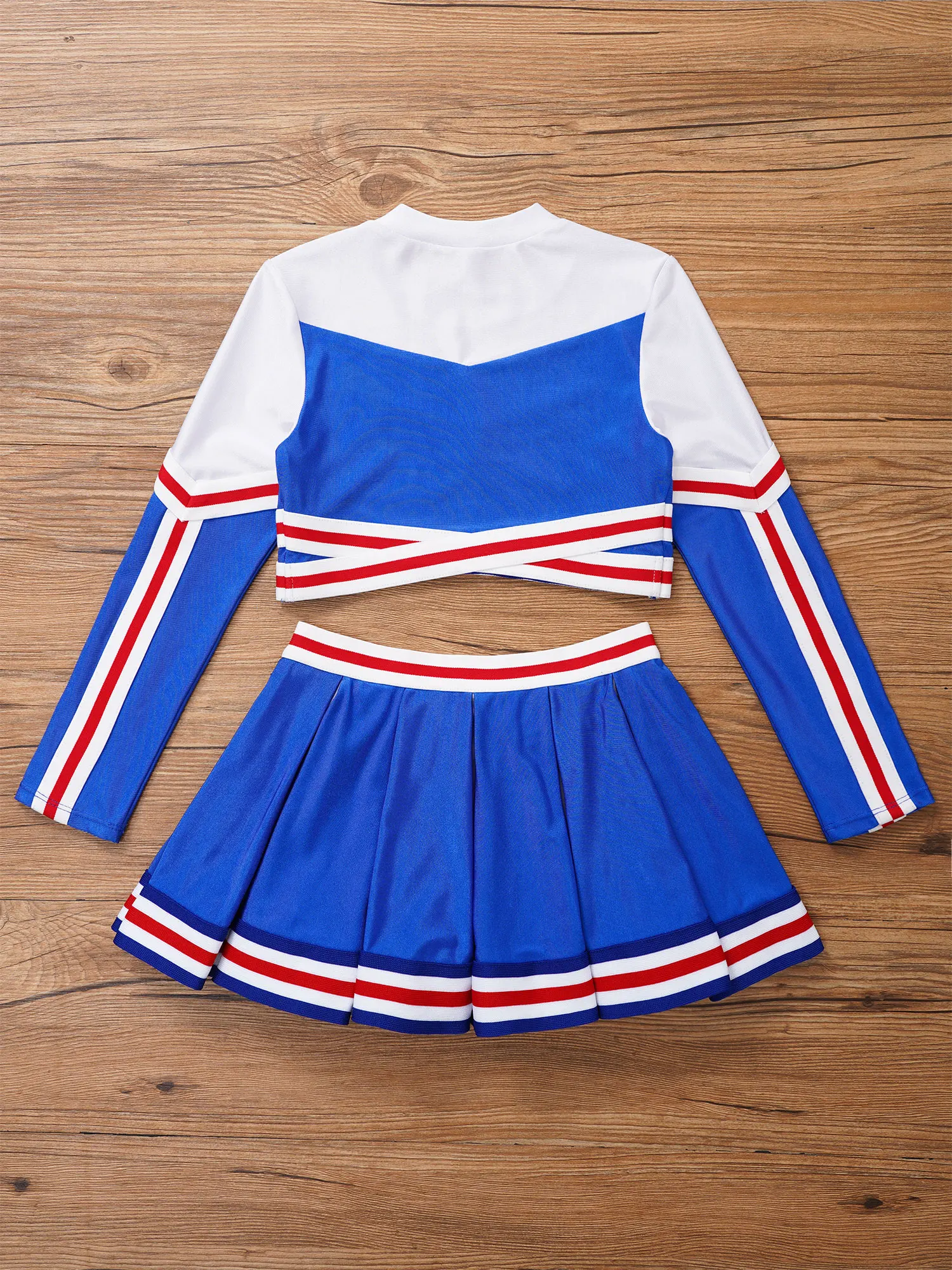 Traje de dança cheerleading para meninas, uniforme de cheerleader, manga comprida pescoço simulado, tops impressos com saia plissada, crianças