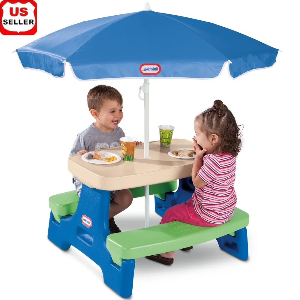 Mesa de picnic portátil para niños al aire libre con paraguas Fácil instalación Protección UV Portavasos Bandeja de lápices Perfecta para niños pequeños de 2 a 5 años