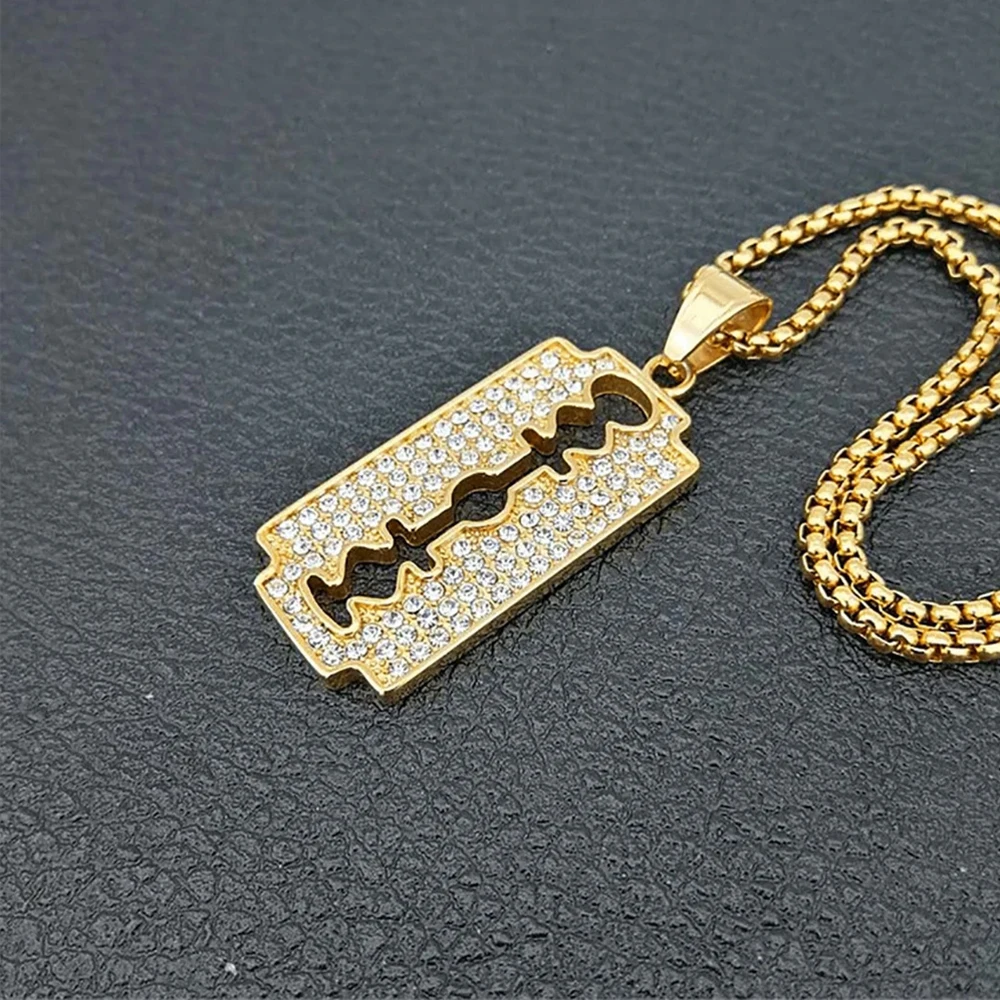 Punk Rock Razor Blade Pendant Necklaces Male Gold Color Stainless Steel Chain for Men Women Hip Hop Iced Out Bling Jewelry Gift