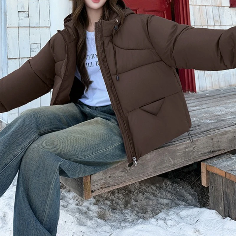 

2025 Winter Women's Short Loose Thick Down Cotton Jacket Stylish Thick Warm Hooded Cotton Coat for Women