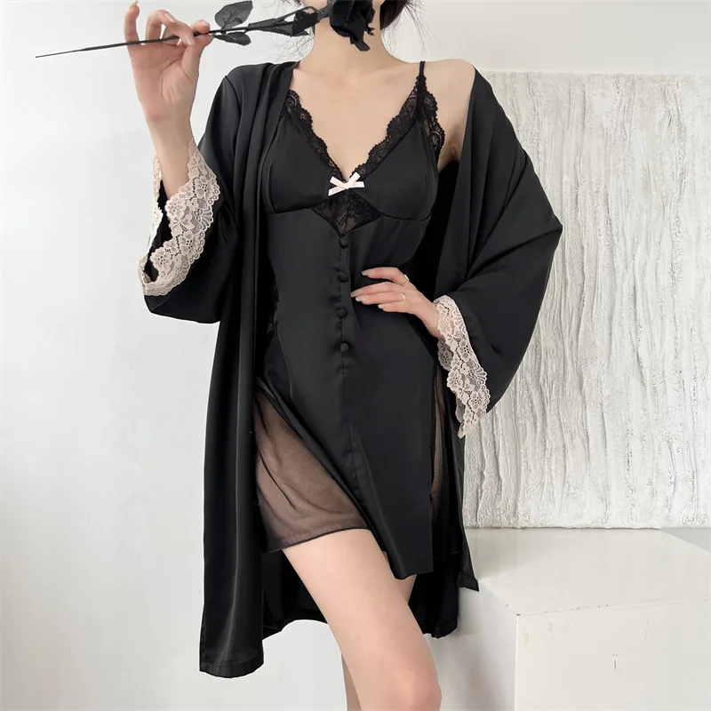 Women\'s Two Pieces Robe & Gown Sets Women Silk Satin & Lace Nightgowns Female Robe Nightdress Sleepwear Luxury Lingerie Suits