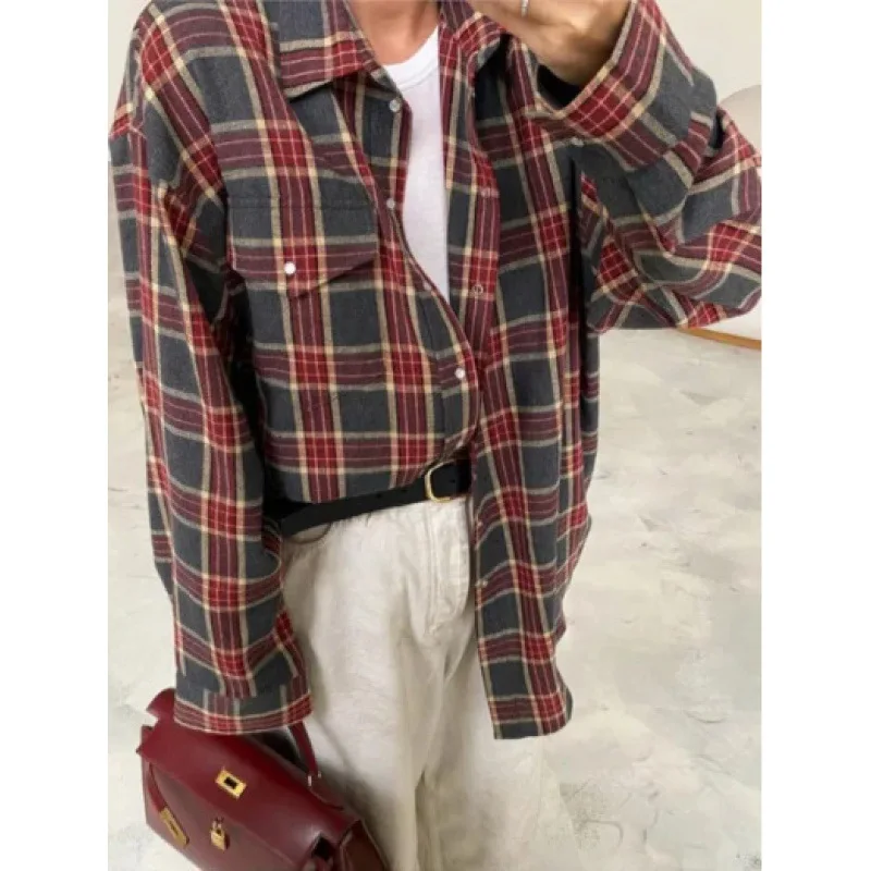 Women's Pink & Grey Plaid Flannel Shirt Button Down, Long Sleeve, Casual Streetwear Blouse for Layering view 5