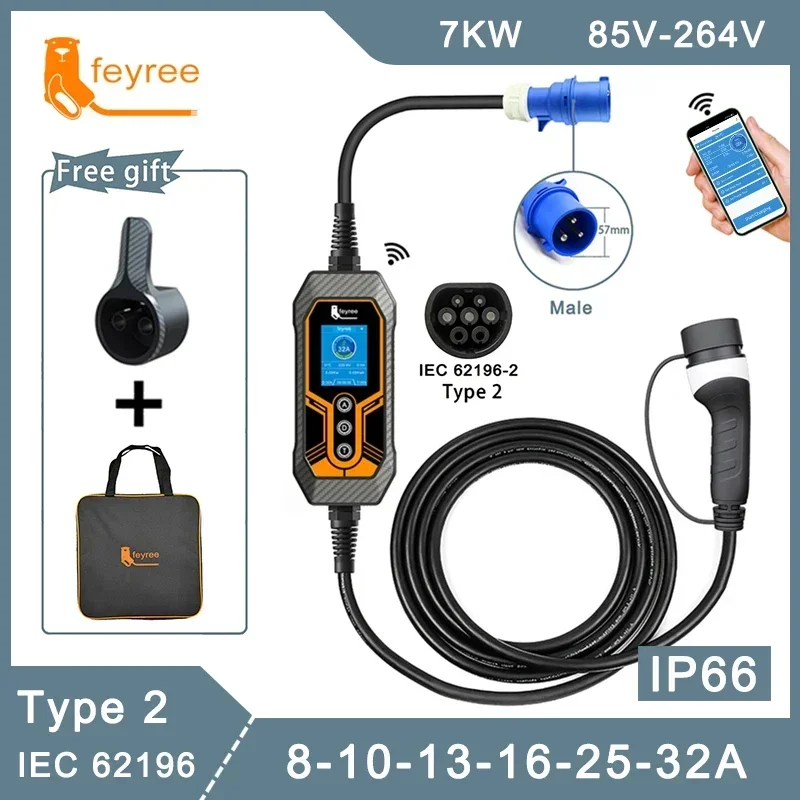 

Портативное зарядное устройство feyree для электромобилей типа 2, 32 А, 7 кВт, EVSE, Wi-Fi, управление через приложение, регулируемый ток, умное время зарядки, для дома и улицы