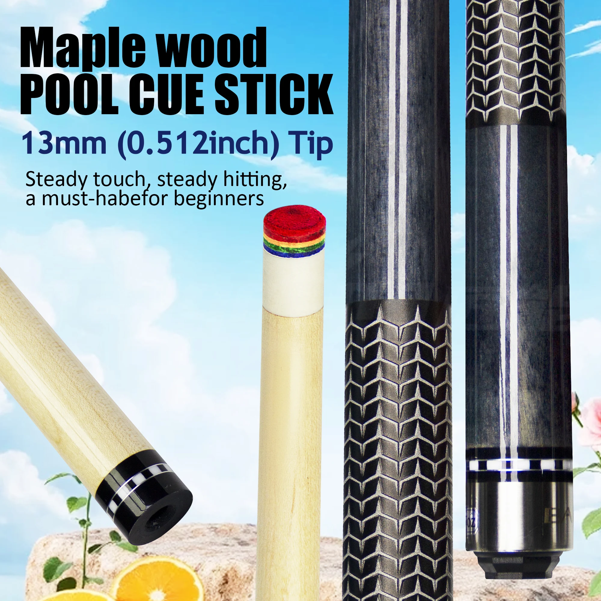 

13mm Rainbow Tip Pool Cue Hard Maple Shaft for Accurate Shots with Zero Warping Ideal for Beginners and Pros