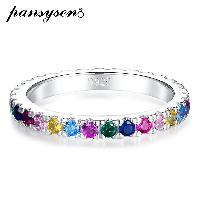 

PANSYSEN 100% 925 Sterling Silver Round Cut Rainbow High Carbon Diamond Gemstone Wedding Bands Engagement Ring Jewelry Wholesale