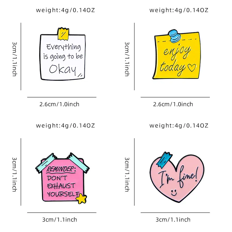 4Styles Everthing is Going To Be Okey Heart Pins  Women Sticky Note Letter Design Enamel Brooches Blessed Hope Wish Words Badge