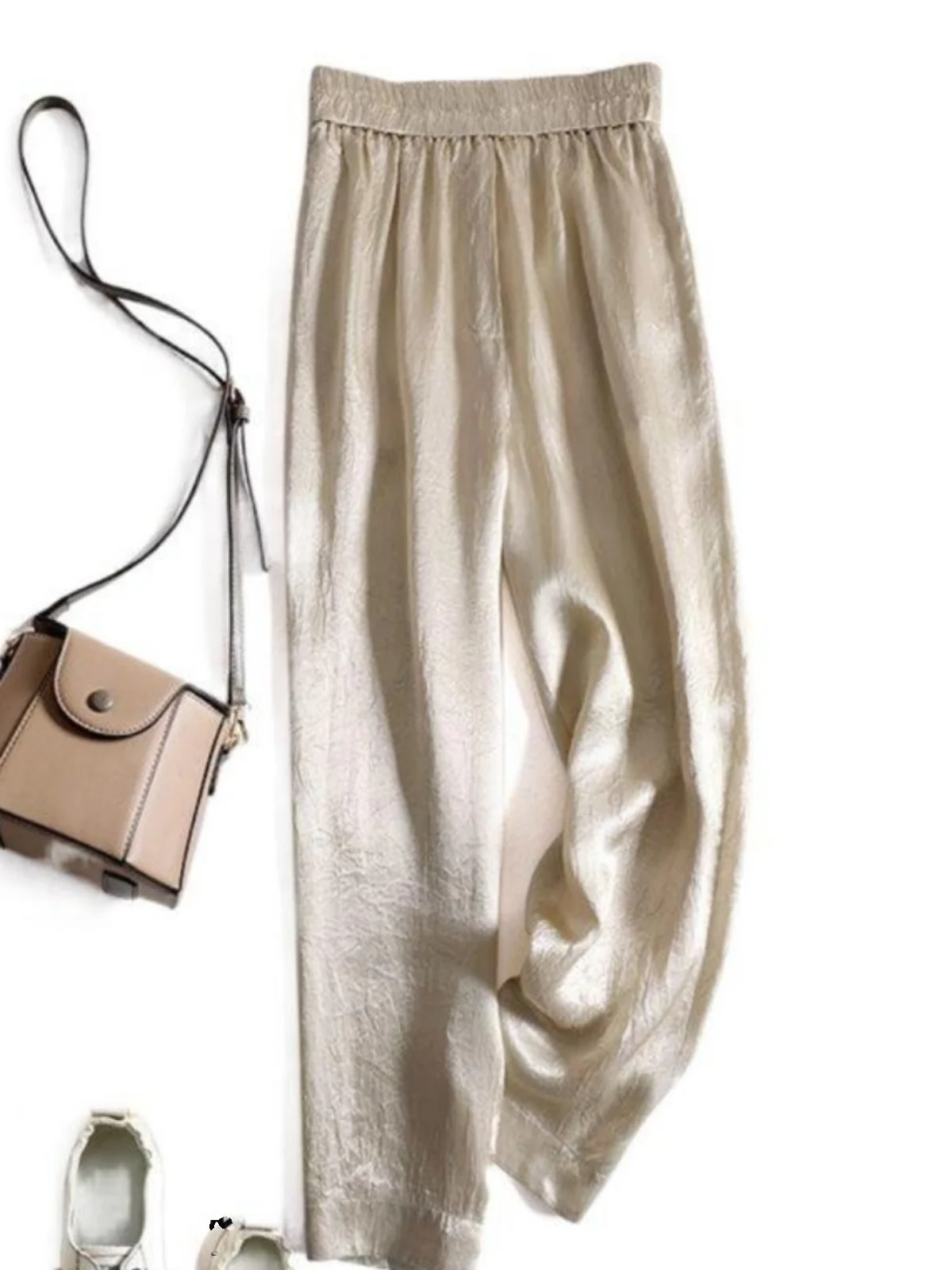 엘리 아세테이트 새틴 하렘 팬츠 여성용 여름 얇은 신축성 허리 슬림 캐주얼 자외선 차단 나인피스 당근 팬츠