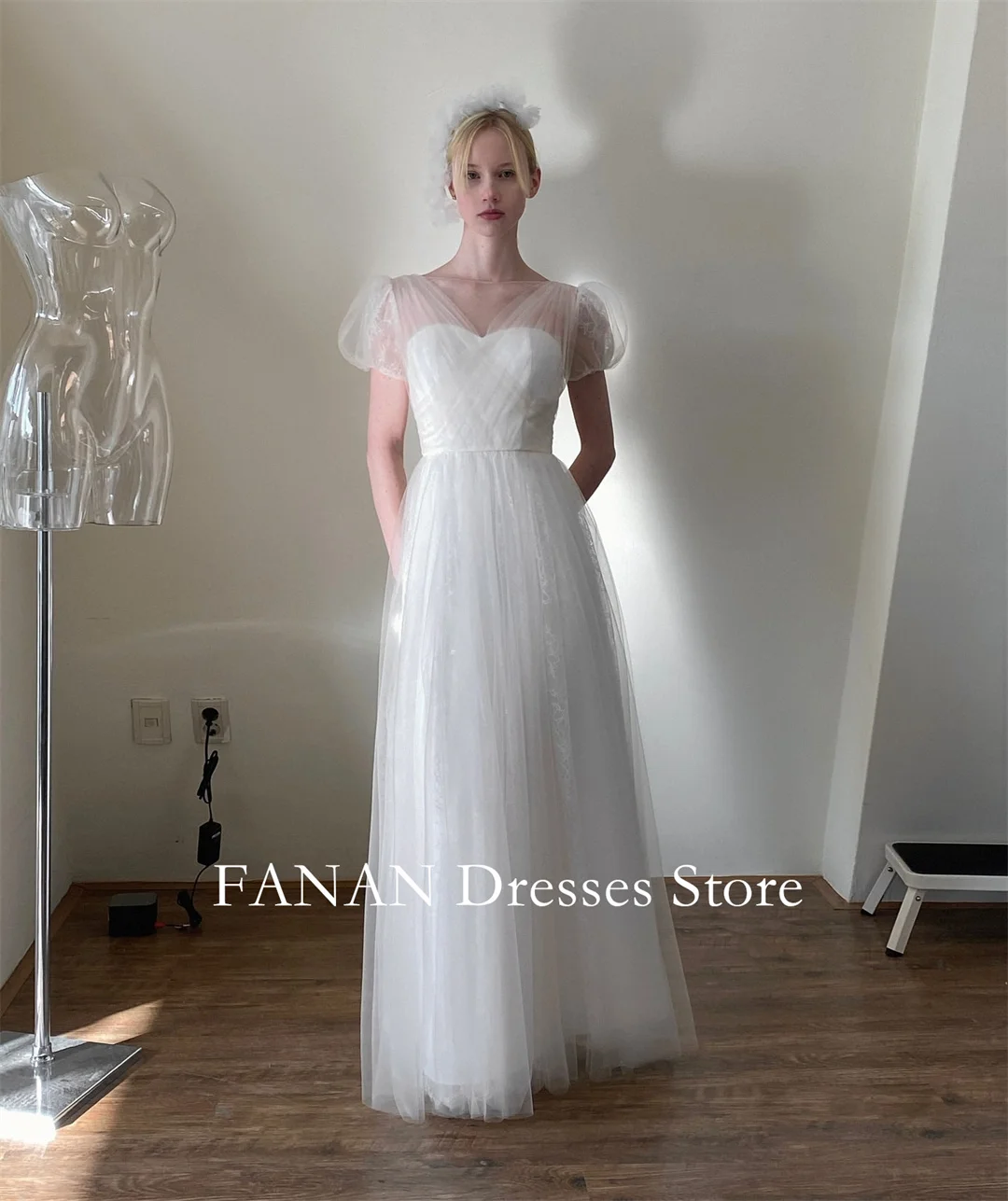 FANAN O-คอเกาหลี Ivory A-Line Corset ชุดแต่งงาน Tulle แขนสั้นที่กําหนดเองสวยเจ้าสาว Gowns PLUS ขนาด