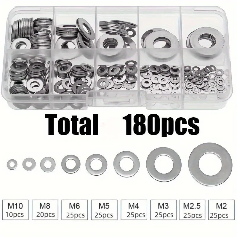 180Pcs M2/2.5/3/4/5/6/8/10 Flat Washer Combination Set
