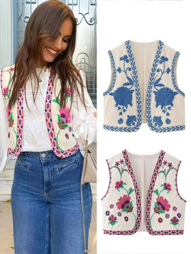 

HH Элегантный женский укороченный топ с цветочной вышивкой и v-образным вырезом, кардиган в этническом стиле, жилет, 2024, летний уличный топ в стиле ретро