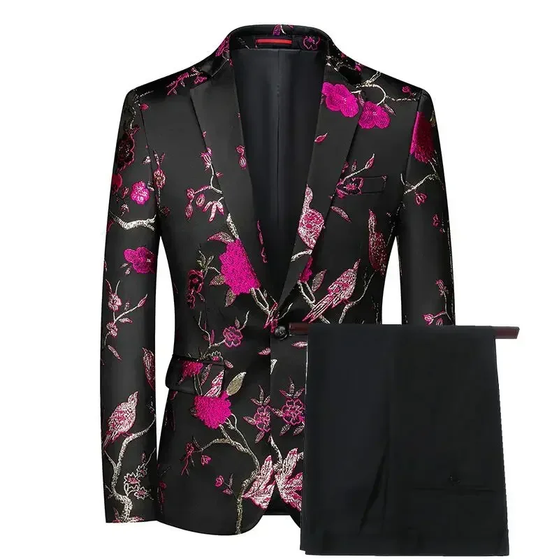 

2 Piece Floral Jacquard Prom Suits For Men Fashion Clothes Slim Fit Groom Wedding Tuxedos Man Set Jacket With Black Pants