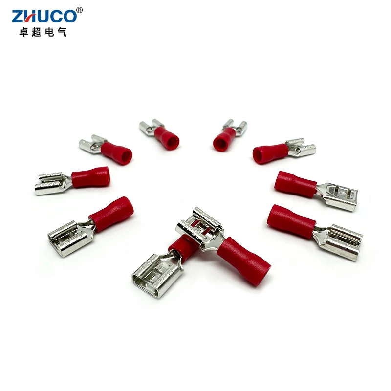 100pcs FDD1.25-250 6.35mm Red Insulated Female Crimp Spade Terminal Electrical Brass Wire Connector Faston Cable 22-16 AWG