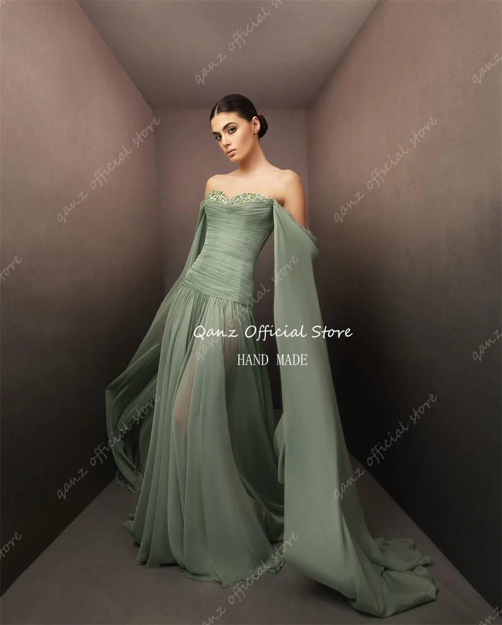 Qanz Green Chiffon Evening Dresses Sweetheart Illusion Pleat Vestido De Gala Noche Mujer Beadings Dresses 2025 Woman Customized