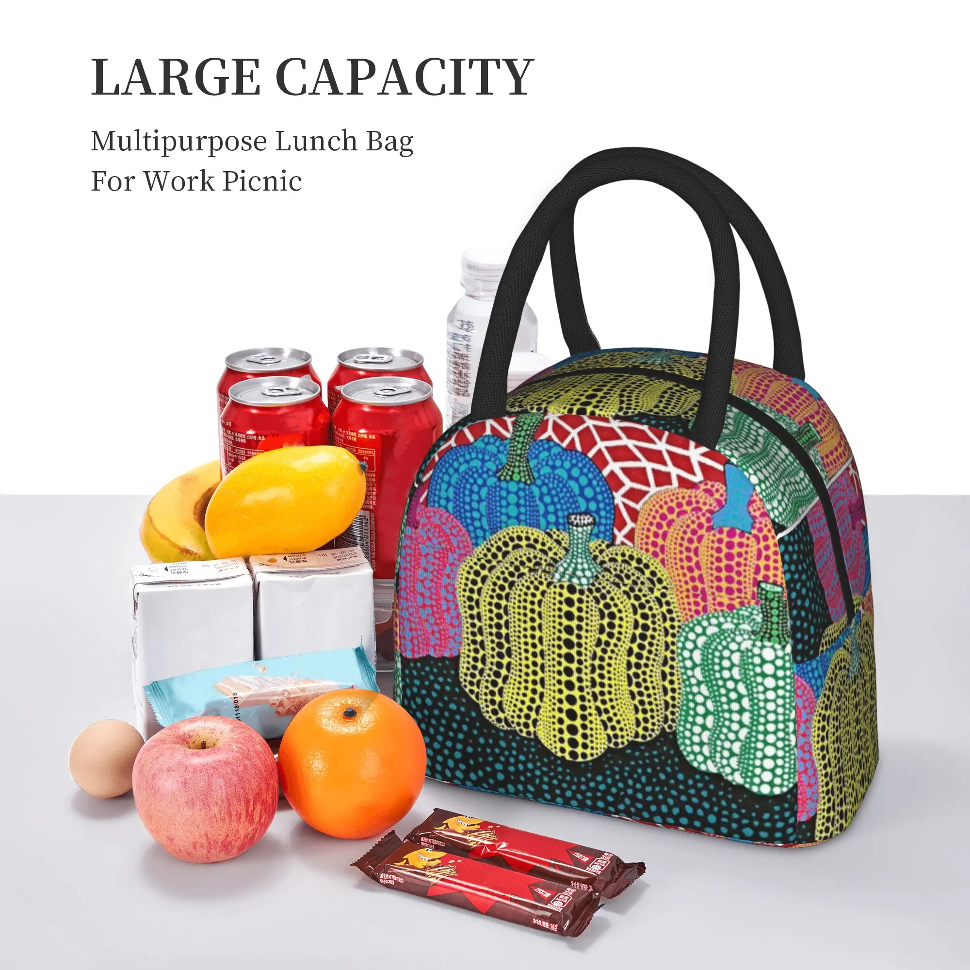 pumpkin Insulated Lunch Bags Cooler Bag Meal Container Yayoi Kusama Art Abstract Dots Pumpkin Polka Pop Aesthetic Tote Lunch Box