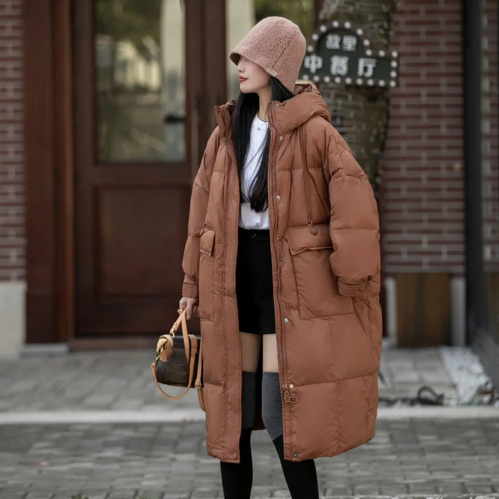 Women\'s Winter Coats 2024  Solid Color Long Down Coats Hooded Vintage Thick Warm 90% White Duck Down Oversize Woman Coat