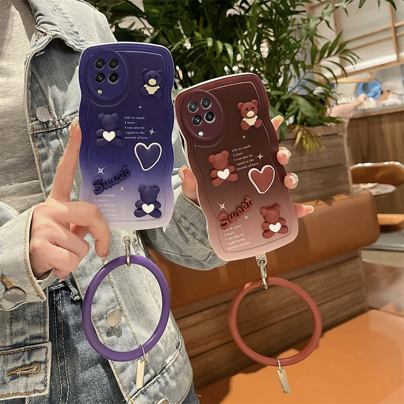 3D Fashion Cute Bear Cartoon Soft Silicone Phone Case On For Samsung Galaxy A22 4G 22 Hand Strap Bracelet Back Cover A 22