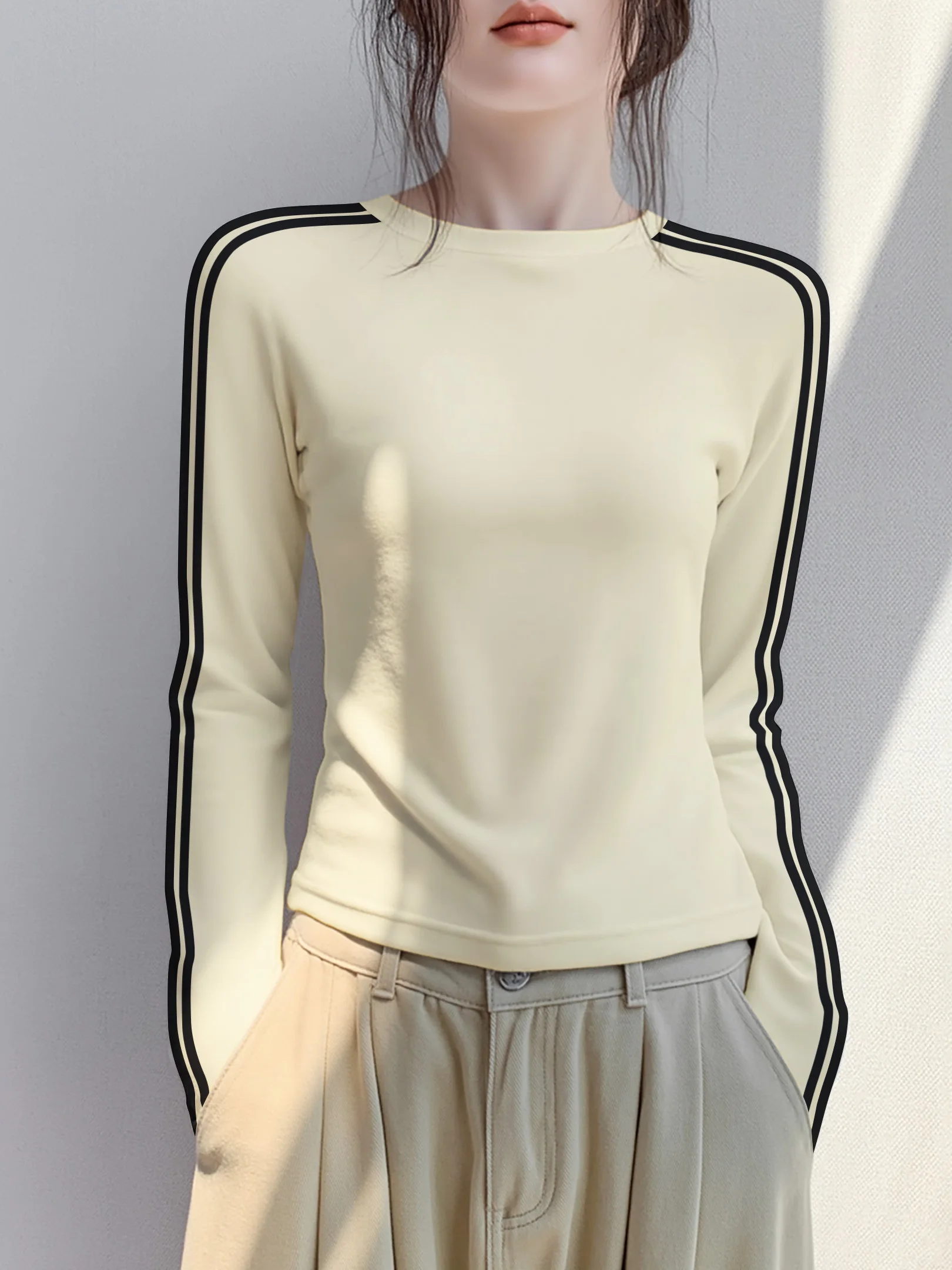 Slim Fit round Neck Long Sleeve T-Shirt Women's Autumn Winter Sport Style Base Layer Shirt Pink Red Striped Base Top