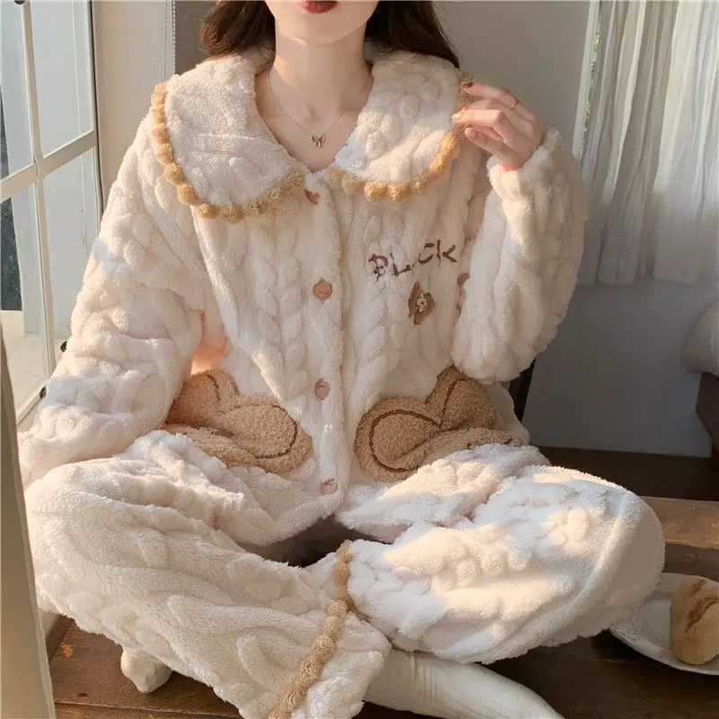 

Autumn Winter Women's Warm Pajama Set Coral Fleece Sleepwear Flannel Thick Cardigan Pajamas Casual Homewear Suits 2PCS