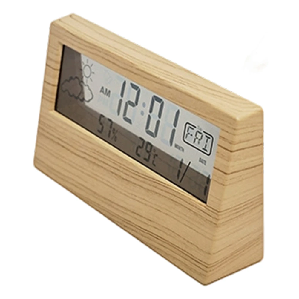 Bedside Table Wooden Digital Alarm Clock Temperature Display Humidity Display 12 24-hour Format Date And Weekday