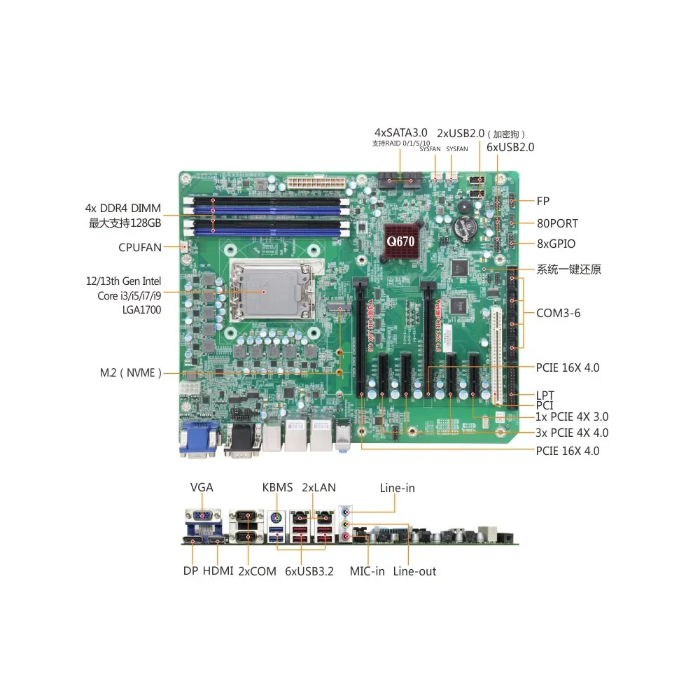 Placa-mãe industrial Intel, Chipset Q670, LGA1700, DDR5, ATX, 4 x SATAIII, 1 x M.2, 12ª Geração