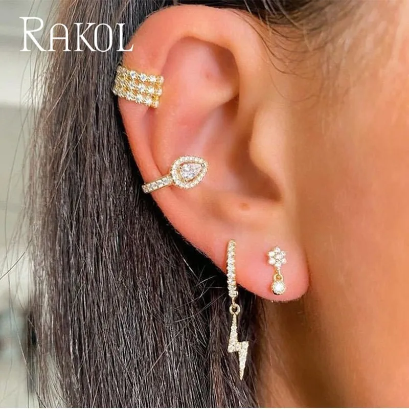 RAKOL-pendientes de circonia cúbica sin perforación para mujer, aretes con Clip, Color oro blanco, joyería CZ, 1 pieza