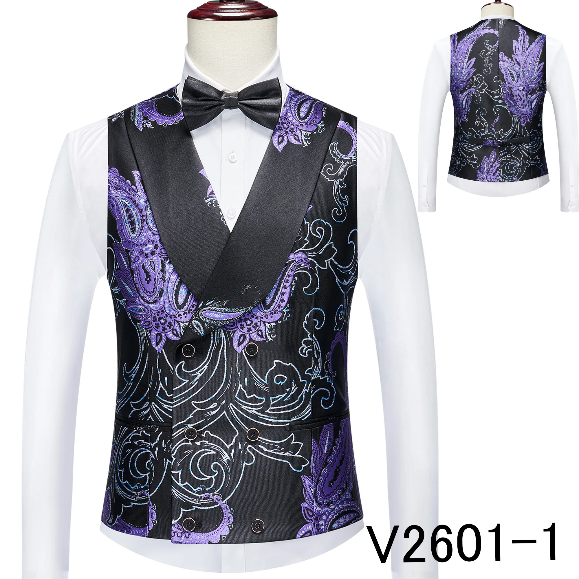 Gwenhwyfar 2026 Mens Jacqaurd Party Vest Luxury Black with Purple Embroidery Patterns Vest in Double Breasted Style Shawl Lapel