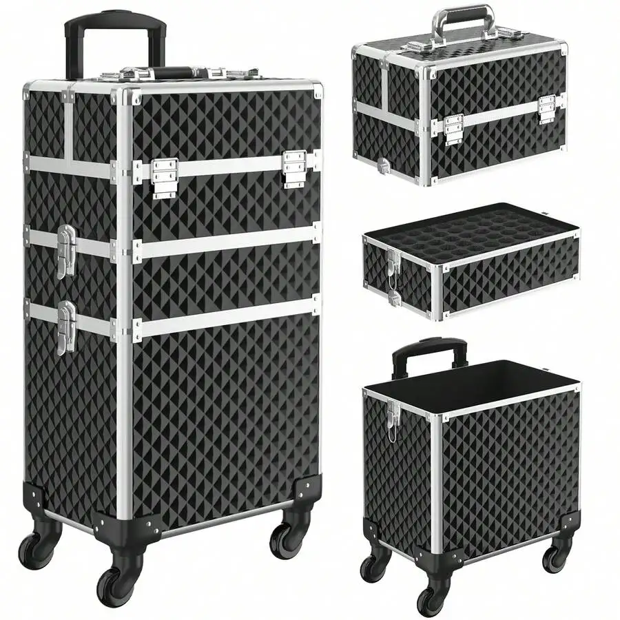 Rolling Makeup Train Case 3 In1 Cosmetic Trolley Organizer Travel Case Lockable Salon Barber Case Traveling Cart Trunk With Deta