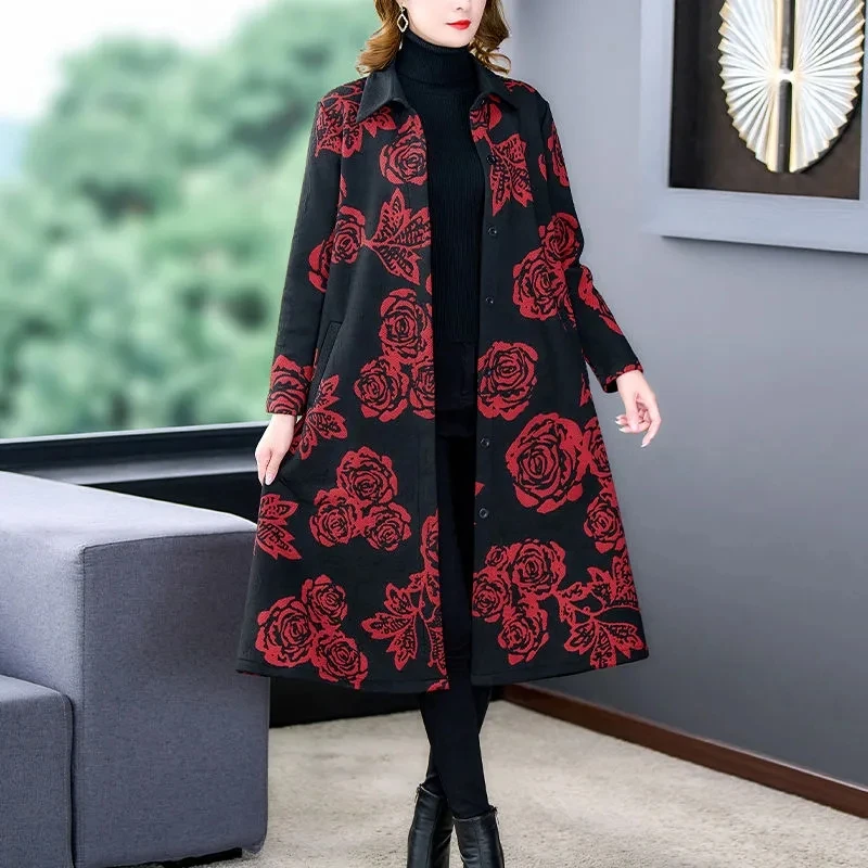 Jacquard Middle aged Women Windbreaker Autumn Winter Coat Female Add Velvet Thickened Mid length Versatile High-end Trench Coat