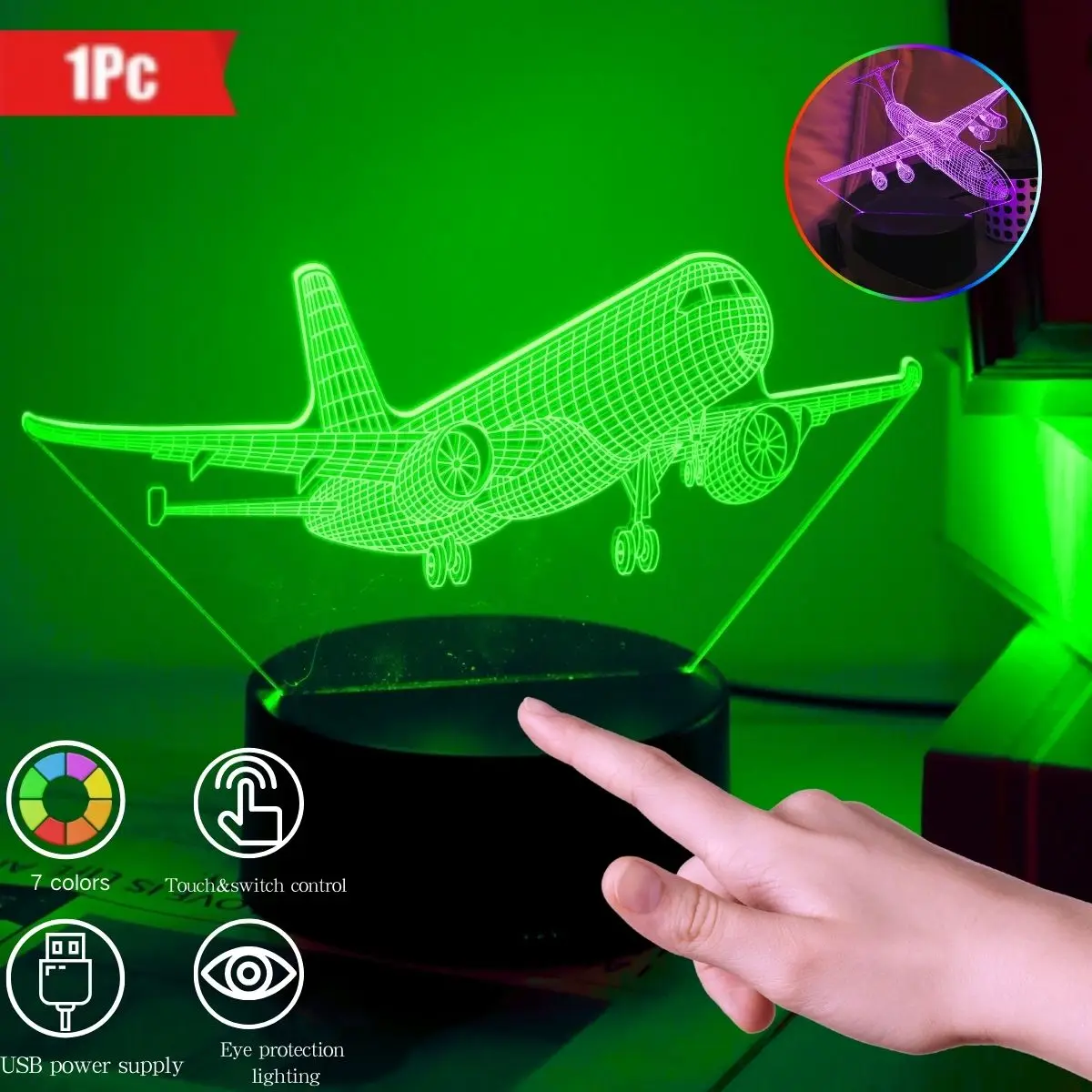 1pc 3D Airplane Night Light, USB Multi-Color Ambient Light, Bedroom desktop Decoration, Holiday Gift Night Light
