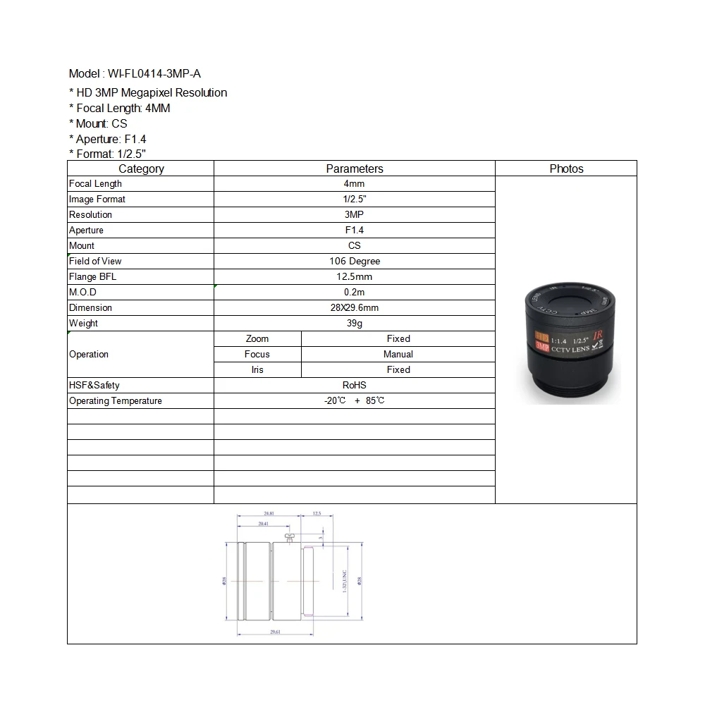 Witrue CS Mount CCTV Lens HD 3Megapixel 4MM F1.4  1/2.5