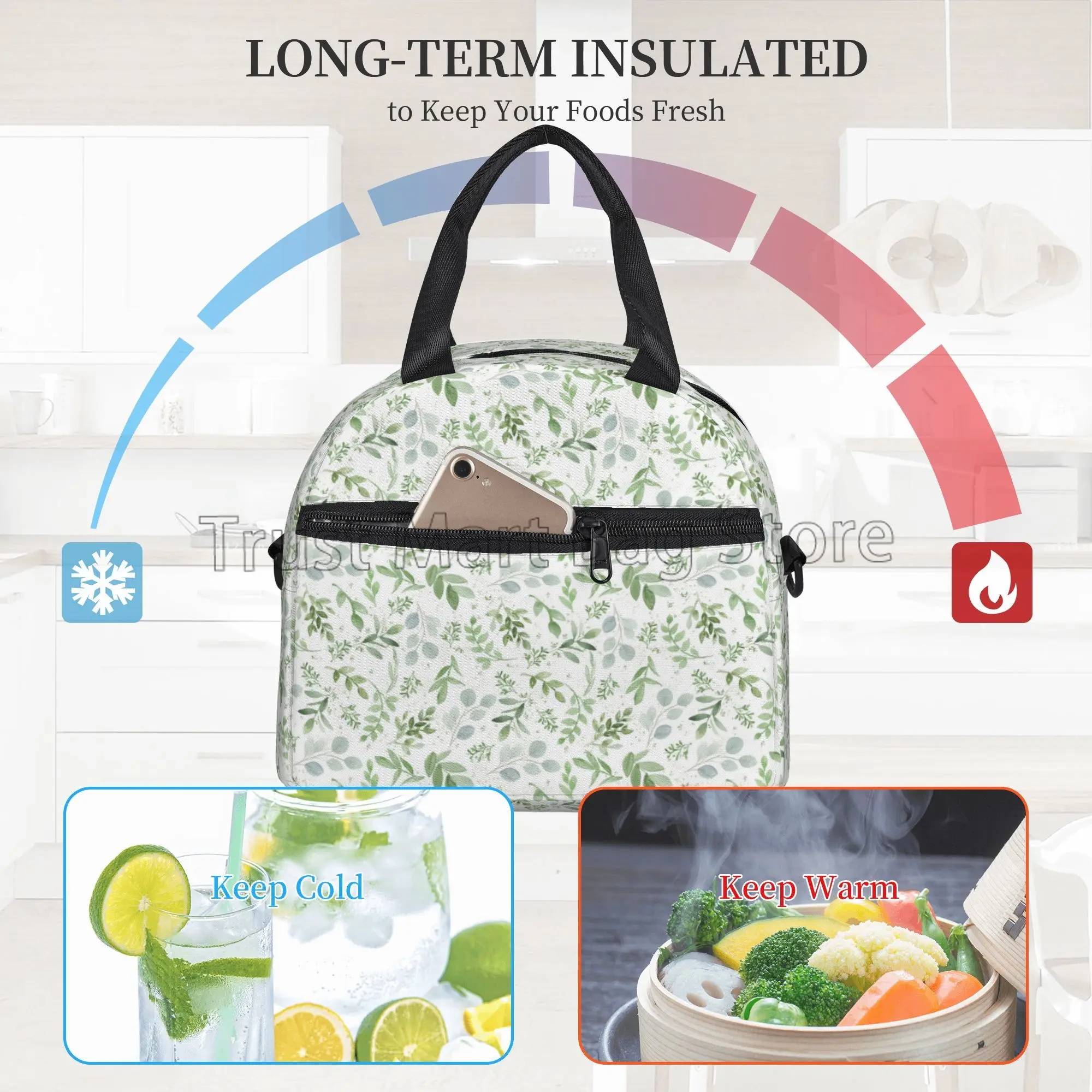 Sage Insulated Lunch Bag for Women Green Leaf Reusable Waterproof Lunch Box Cooler Thermal Tote with Adjustable Shoulder Strap