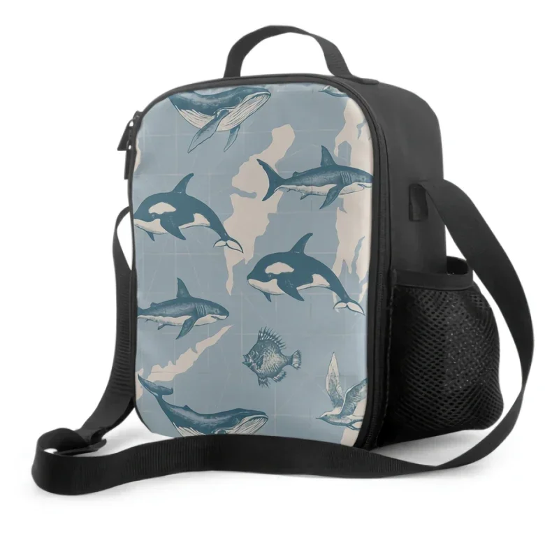 Hand drawn whale insulated lunch box for girls boys portable lunch bag with adjustable shoulder strap and side pocket cooler bag