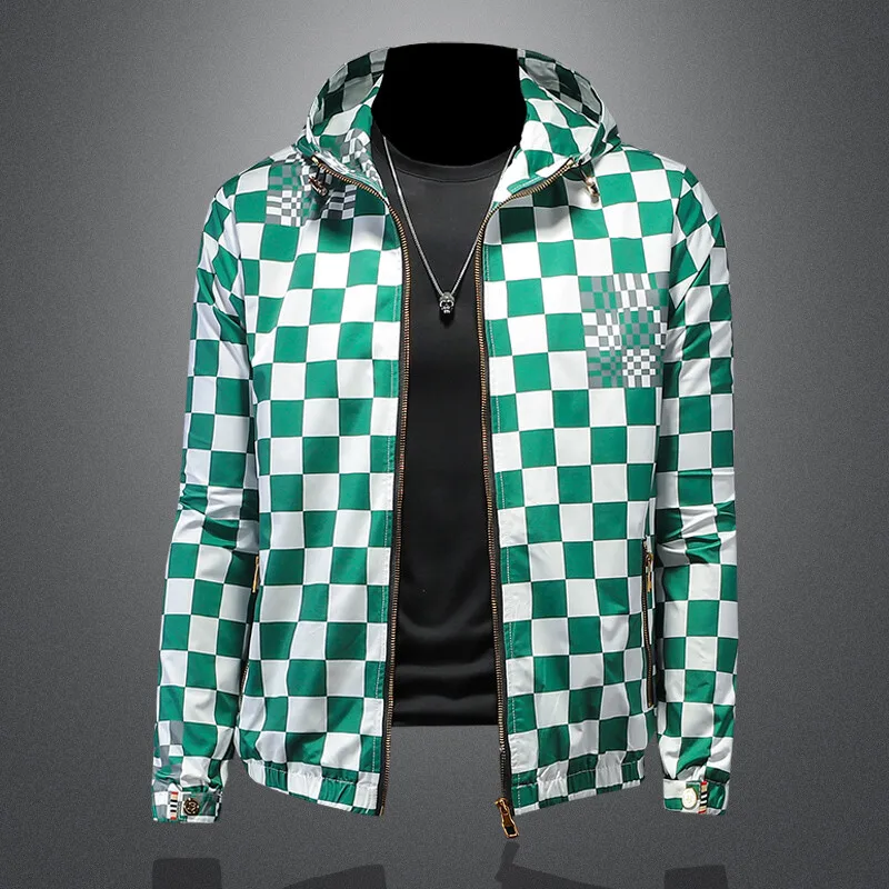 

Autumn 2025 Men's Plaid Print Baseball Jaet Thin Model Large Size Coat Hooded Windproof Polyester Nylon Cosite Fiber