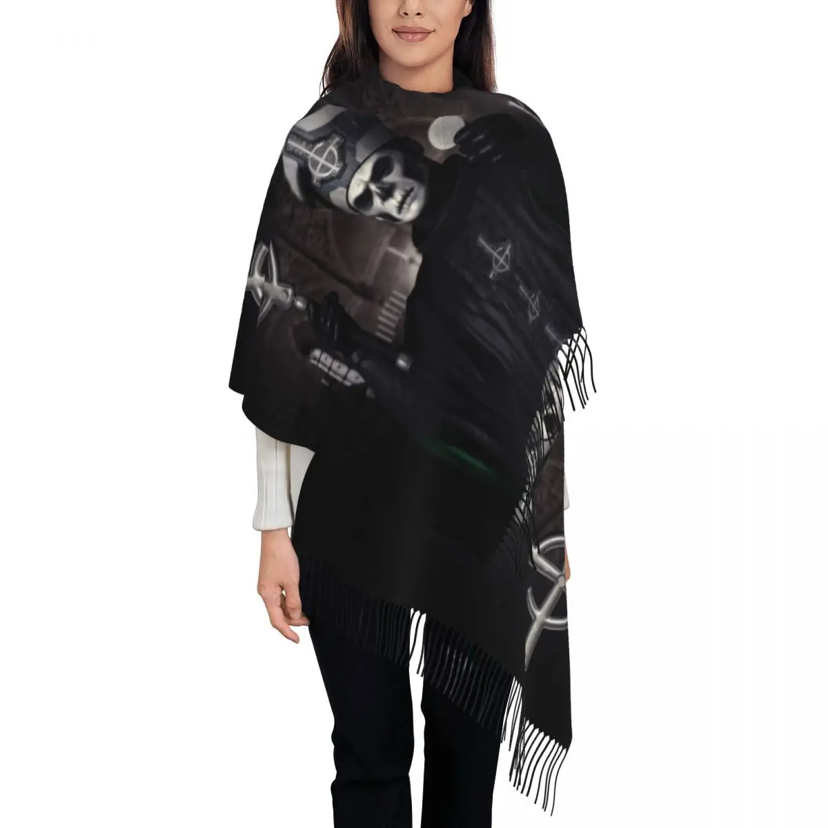 

Custom Swedish Heavy Metal Rock Band Ghost Scarf Wrap Women Long Winter Fall Warm Tassel Shawl Unisex Scarves