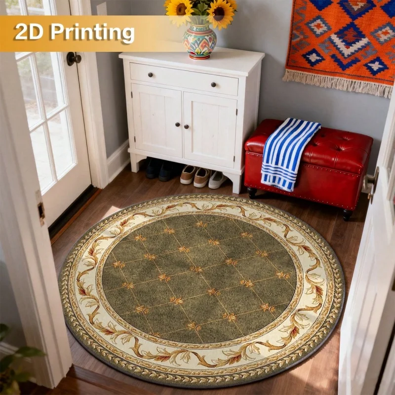 Newest 2D Vintage Brown Floral Swirl Mandala Round Rug Non Slip Retro Living Room Carpet