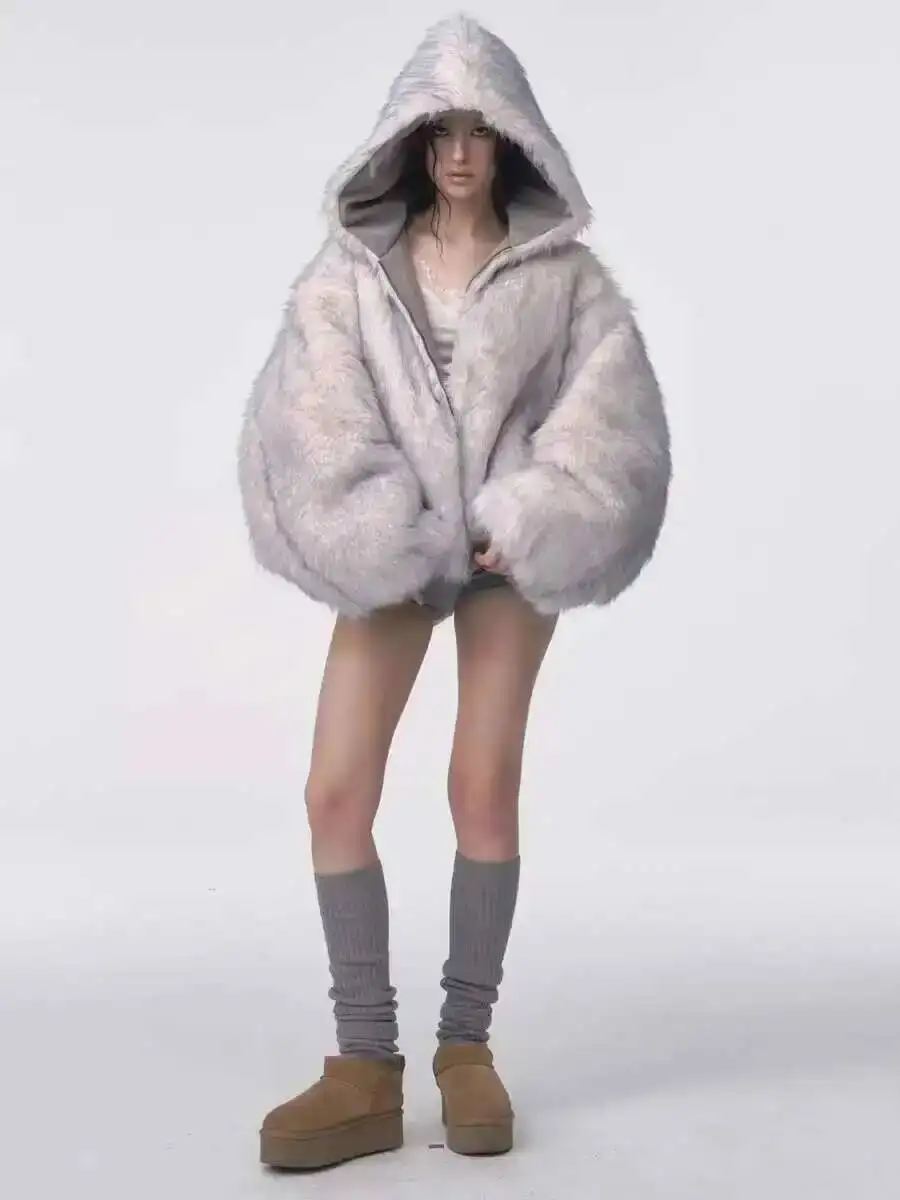 Faux Fur Coat Women 2025 Winter American Retro Fur Coat Women Padded Hooded Cotton-Padded Jacket Plush Casual Harajuku Oversize