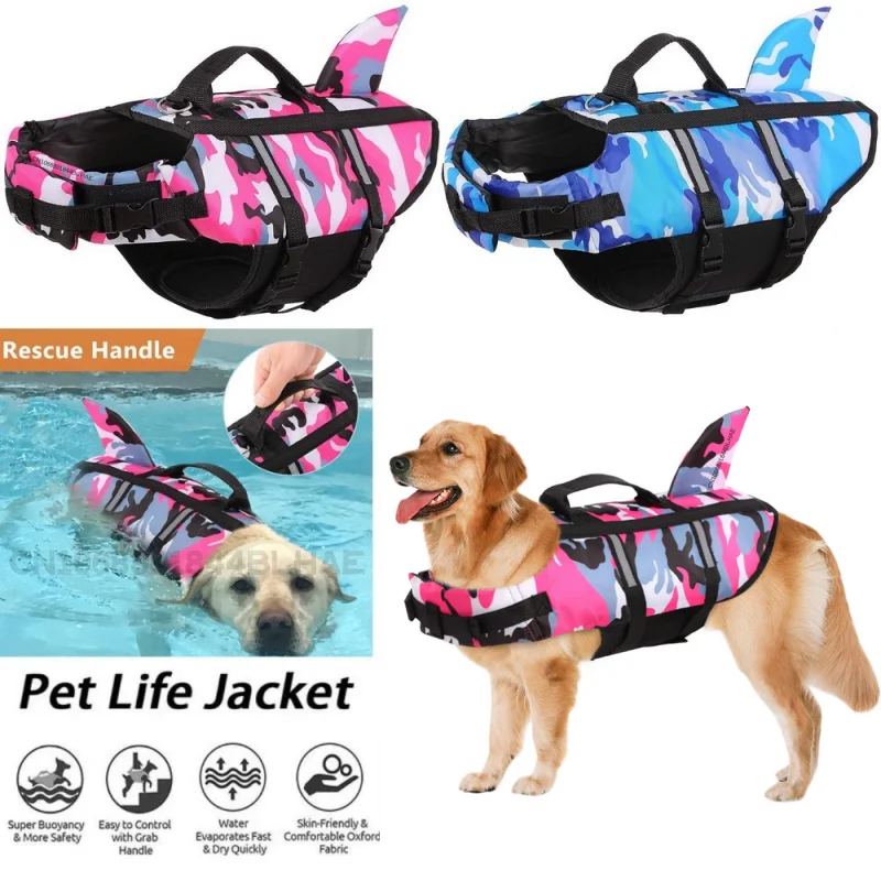 Large Dog Life Jacket Vest Clothes Life Vest Collar Harness Pet Dog Swimming Summer Swimwear Clothes Camouflage Shark XS-2XL