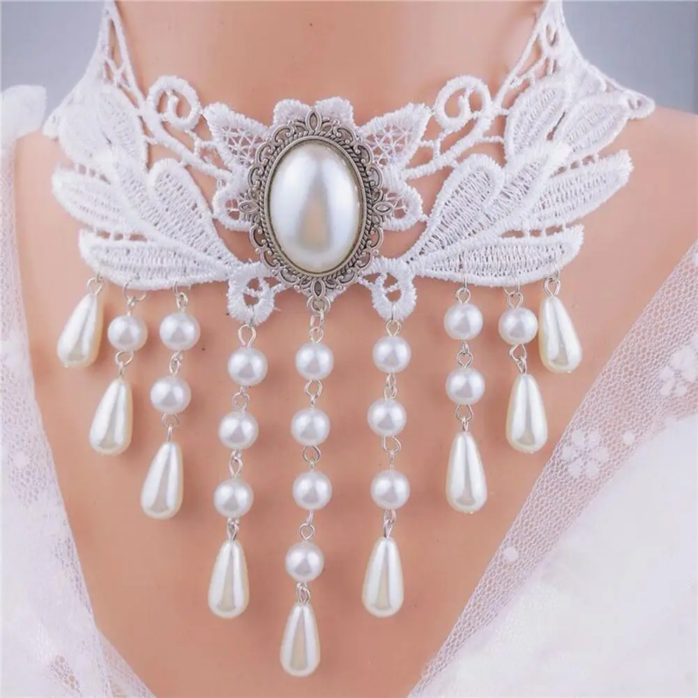 Women Party Necklace Lace Faux Pearl Decor Tassel Prom Cosplay Halloween Carnival Choker Wedding Performance Neck Jewelry 목걸이