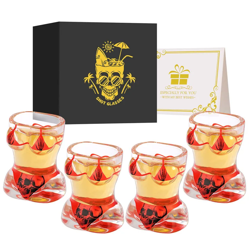 

4pcs/set Muscle Man Bikini Skull Design Clear Shot Glasses 30ML Wine Cup for Halloween Kitchen Party Club Wedding Gift Set