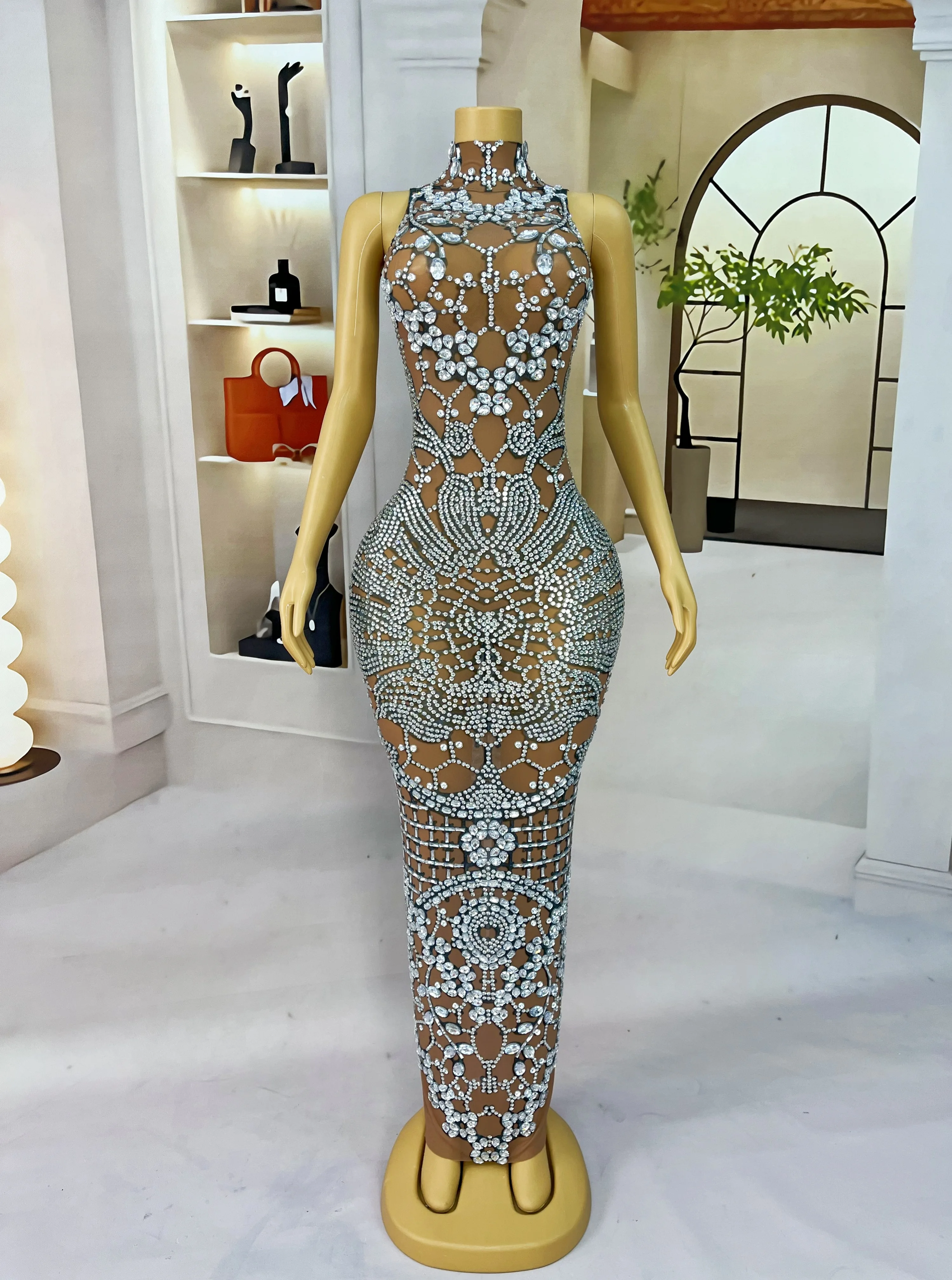 Simple Style Elegant Gown Shining Rhinestones Cultivation Mesh Dress Women Party Evening Outfit Red carpet Perform Costume Lvxiu