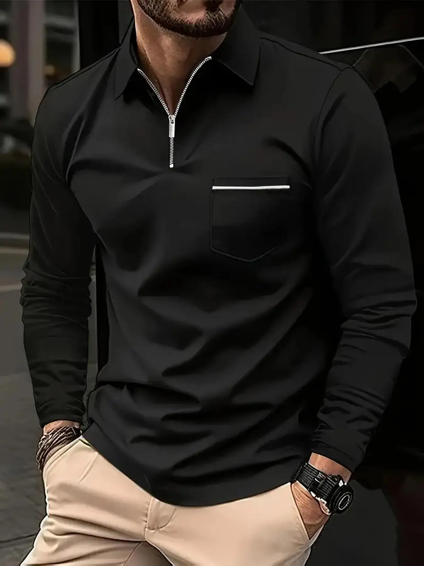 

2025 Autumn Men's Polo Shirt Business Casual solid color lapel zipper pocket horizontal strip breathable sports shirt