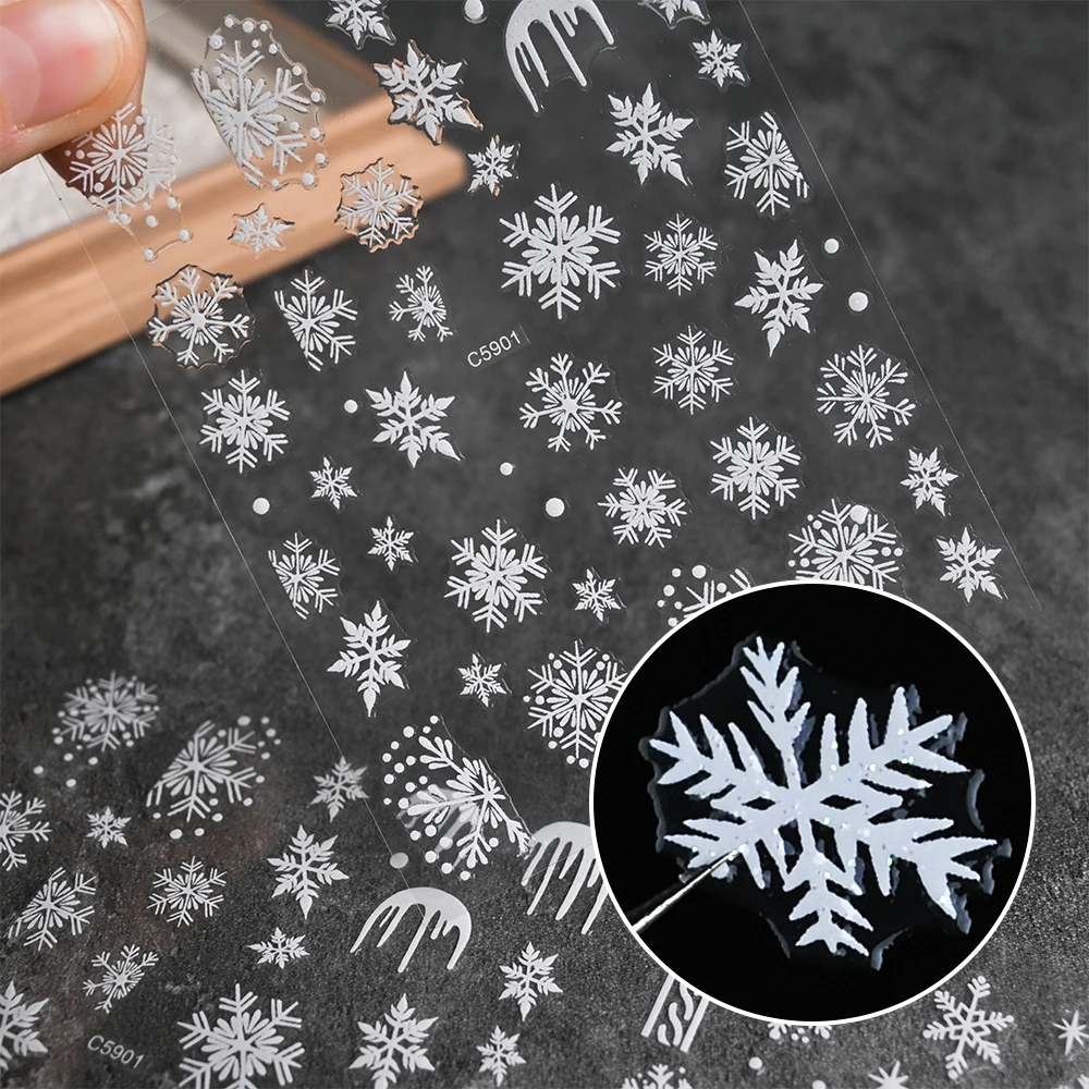 30/12/10/6pcs Laser Glitter Snowflake Nail Sticker 3D Christmas White Snowflake Slider Decals Manicure DIY Nail Art Decoration