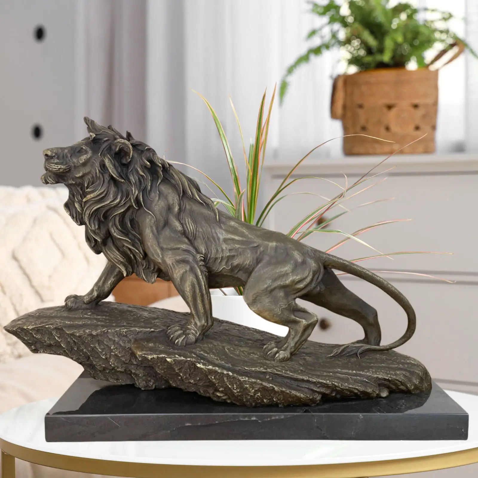 55cm Bronze Lion Statue On Marble Base Bronze Lion Sculpture Handmade Walking Lion Wildlife Animal Statues Home Garden Decor