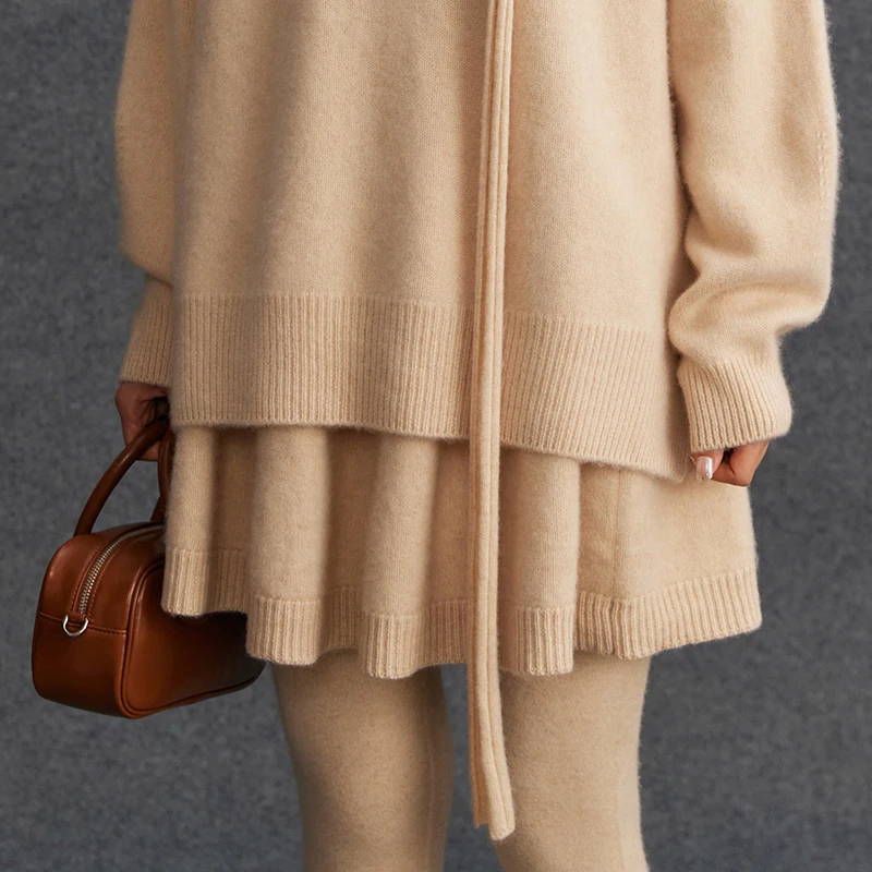 Choice Chic Women 100% Goat Cashmere Pleated Skirt Solid Elastic Waist Mini A-Line Skirt Autumn Winter Knitted Umbrella Dress